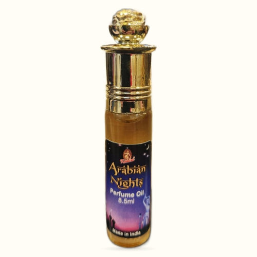 Arabian Nights 8.5ml perfume oil bottle with gold cap and purple sunset label