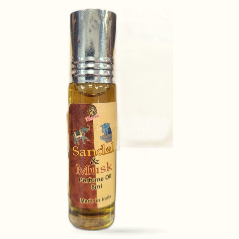 Kamini Sandalwood & Musk Perfume Oil 8ml bottle with silver cap and brown/gold label