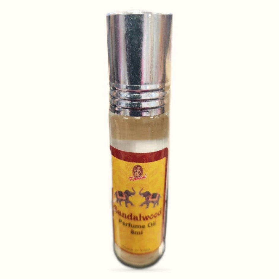 Kamini Sandalwood Perfume Oil 8ml bottle with yellow label and silver metal cap