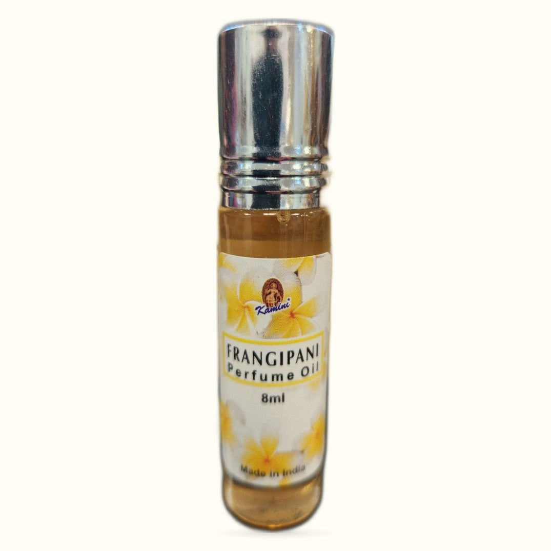 Frangipani Perfume Oil by Kamini in 8ml roll-on bottle with silver cap and tan label