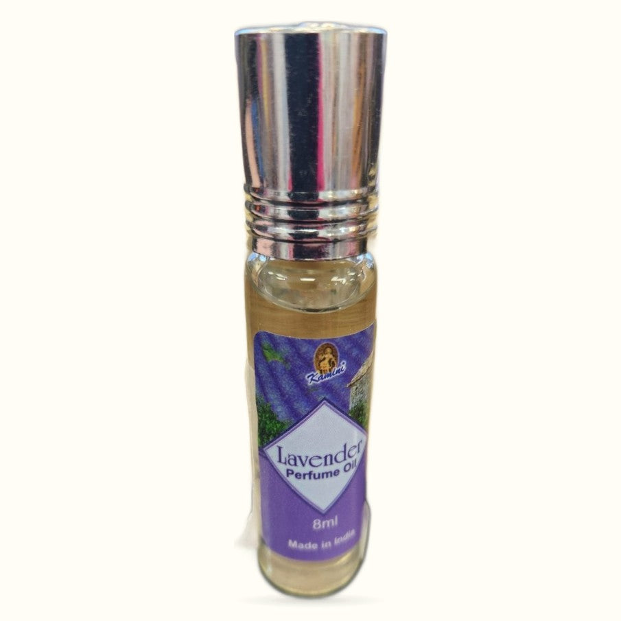 Kamini Lavender Perfume Oil in 8ml glass bottle with purple label and chrome cap