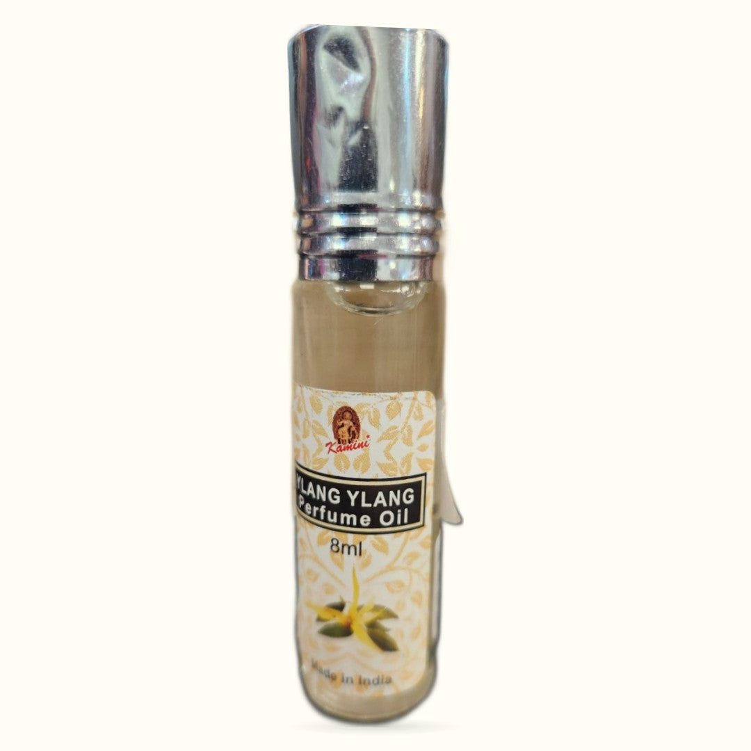 Kamini Ylang Ylang Perfume Oil 8ml bottle with silver cap and cream-colored label