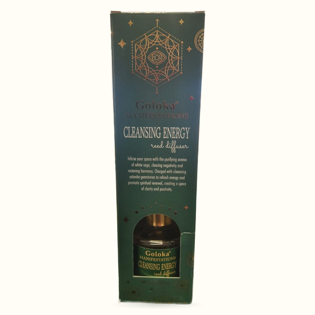 Goloka Manifestations Cleansing Energy reed diffuser in green packaging with gold geometric design and visible product bottle