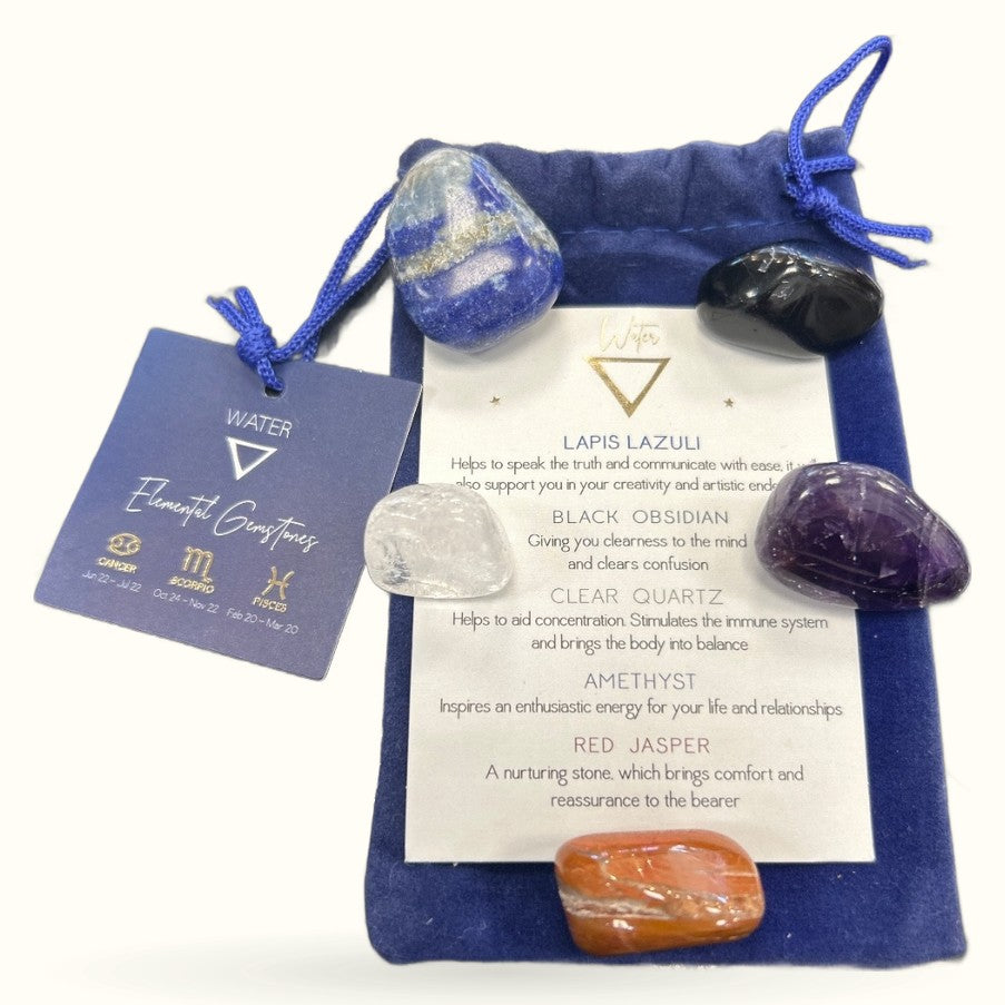 Water Element Crystal Gift Set in blue velvet pouch with lapis lazuli, black obsidian, clear quartz, amethyst, and red jasper stones