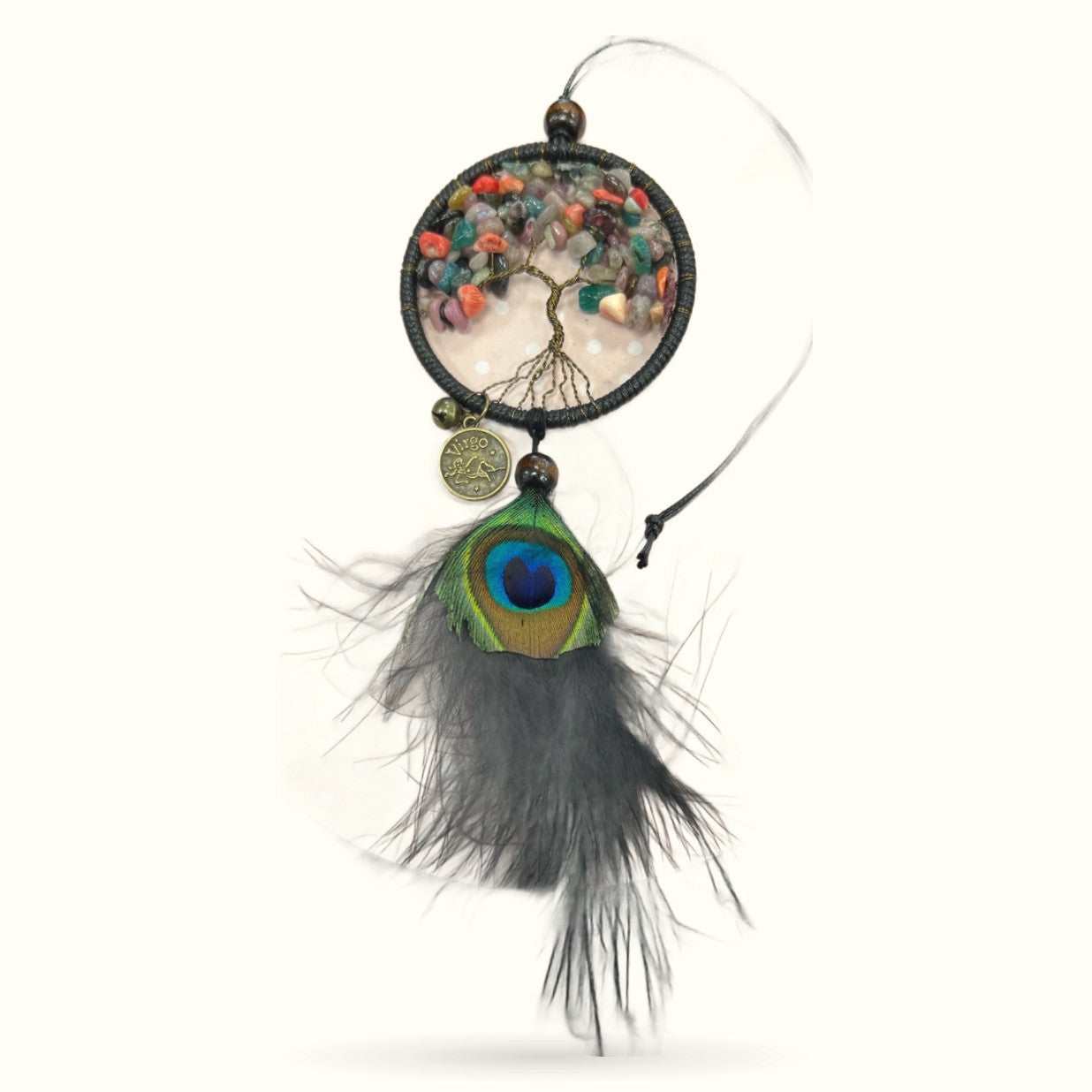 Virgo Crystal Tree of Life Dreamcatcher with peacock feather and colorful stone beads