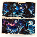 Set of 4 ceramic coasters featuring black dragons with glowing blue and purple cosmic galaxy backgrounds and moons
