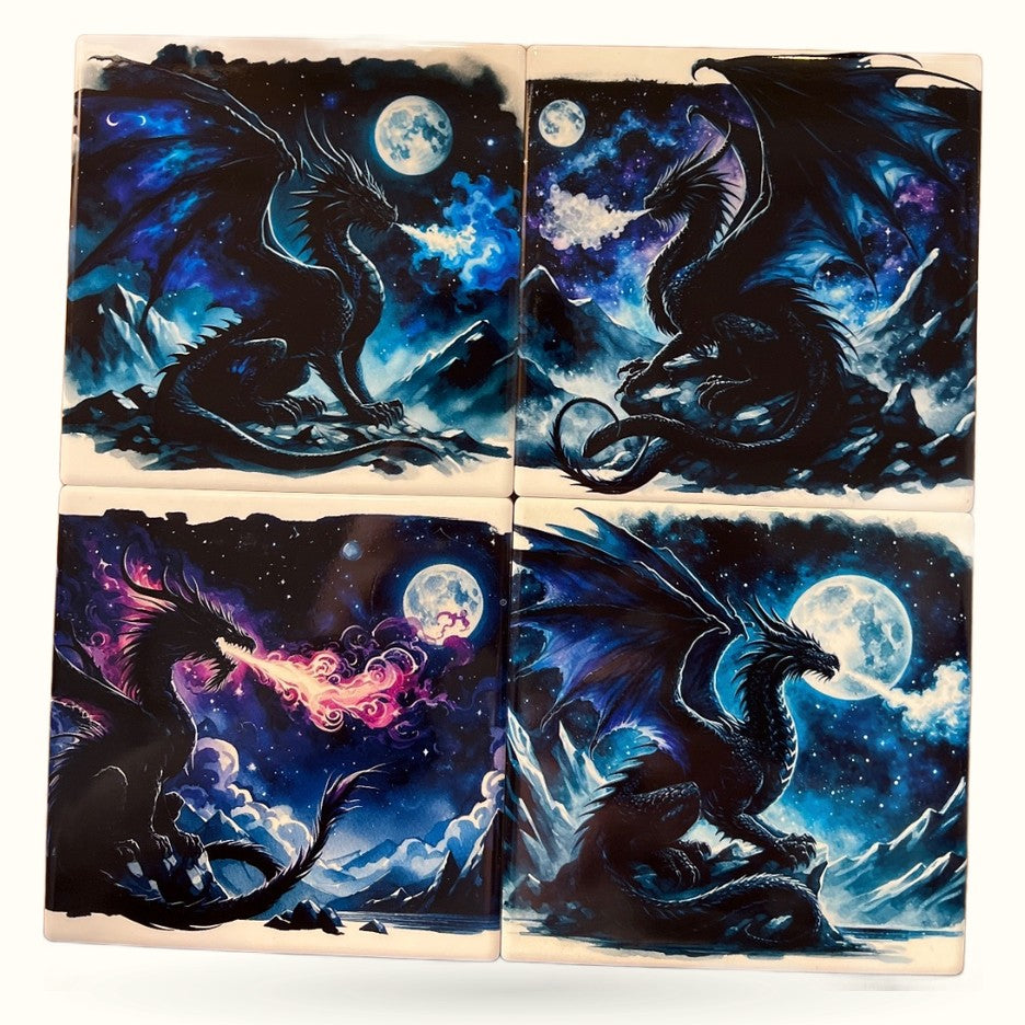 Set of 4 ceramic coasters featuring black dragons with glowing blue and purple cosmic galaxy backgrounds and moons