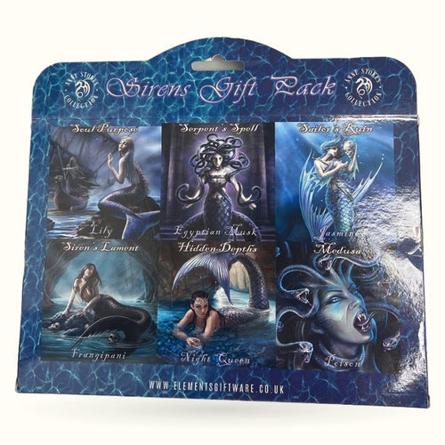 Anne Stokes Sirens Gift Pack showing six 20gm incense boxes featuring mythical mermaid artwork in blue tones