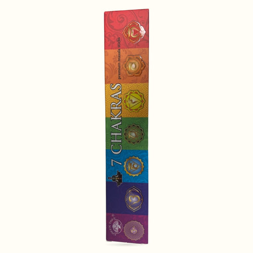 7 Chakras Greentree incense pack showing seven colored bands with chakra symbols vertically stacked