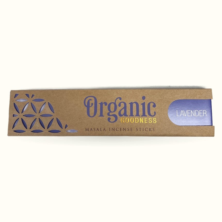 Organic Goodness Lavender masala incense sticks in kraft cardboard box with purple geometric design