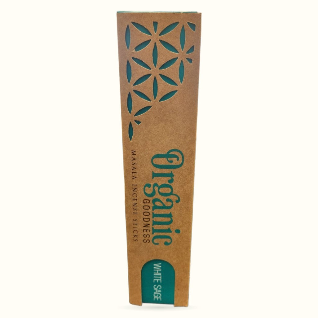 White Sage Organic Goodness incense sticks in kraft paper packaging with teal geometric pattern and branding