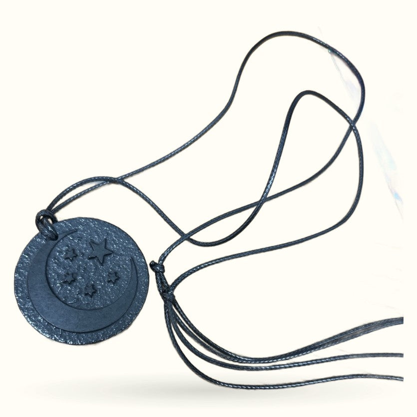 Shungite moon and stars disc pendant on black cord necklace with tassel ends