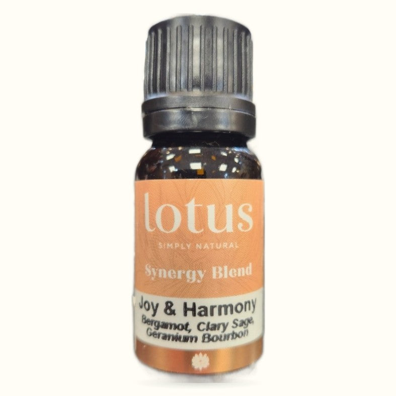 Lotus Synergy Blend Joy & Harmony essential oil bottle with peach label and dark glass container