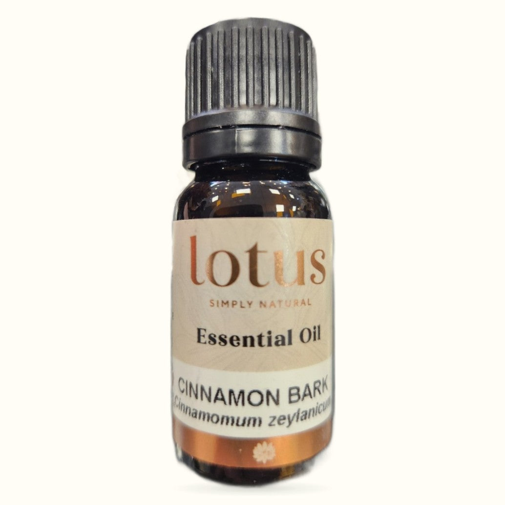Lotus Cinnamon Bark Essential Oil bottle with grey cap and cream label on white background