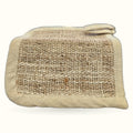 Beige woven allo bath mitt with cream canvas border and hanging loop detail