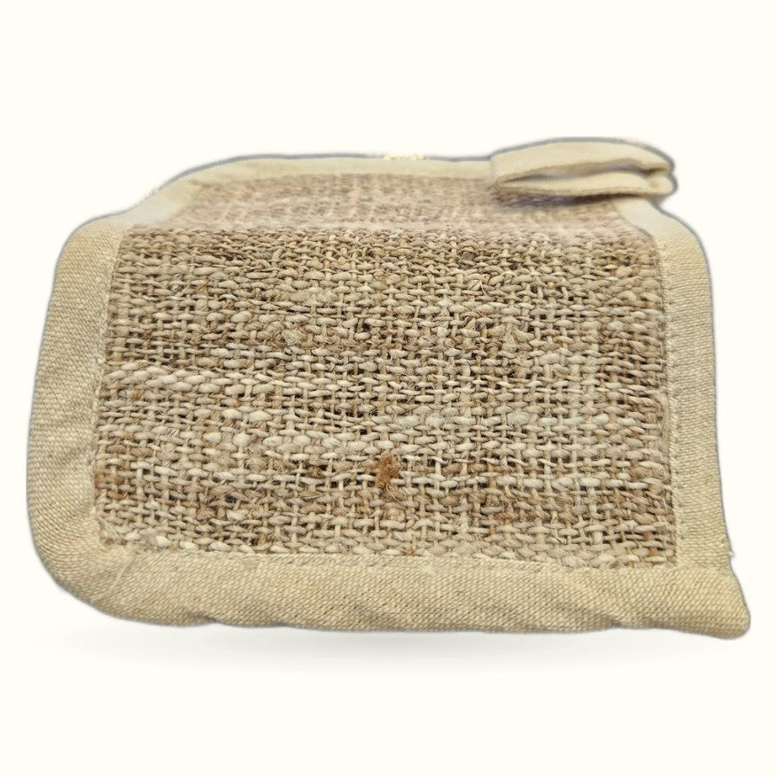 Beige woven allo bath mitt with cream canvas border and hanging loop detail