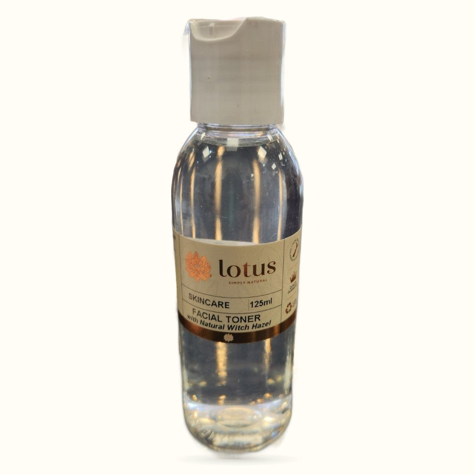 Lotus Skincare Facial Toner 125ml bottle with grey pump cap and natural witch hazel formula