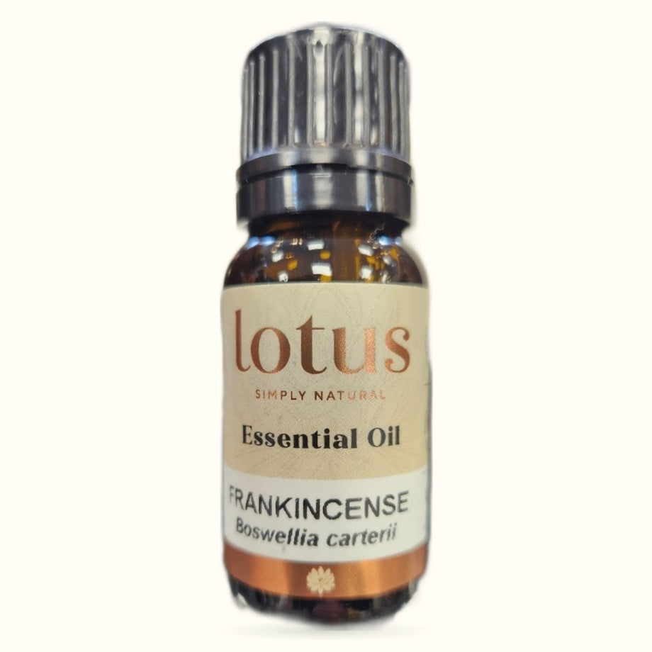 Lotus brand frankincense essential oil 10ml bottle with dark glass and metal cap on white background