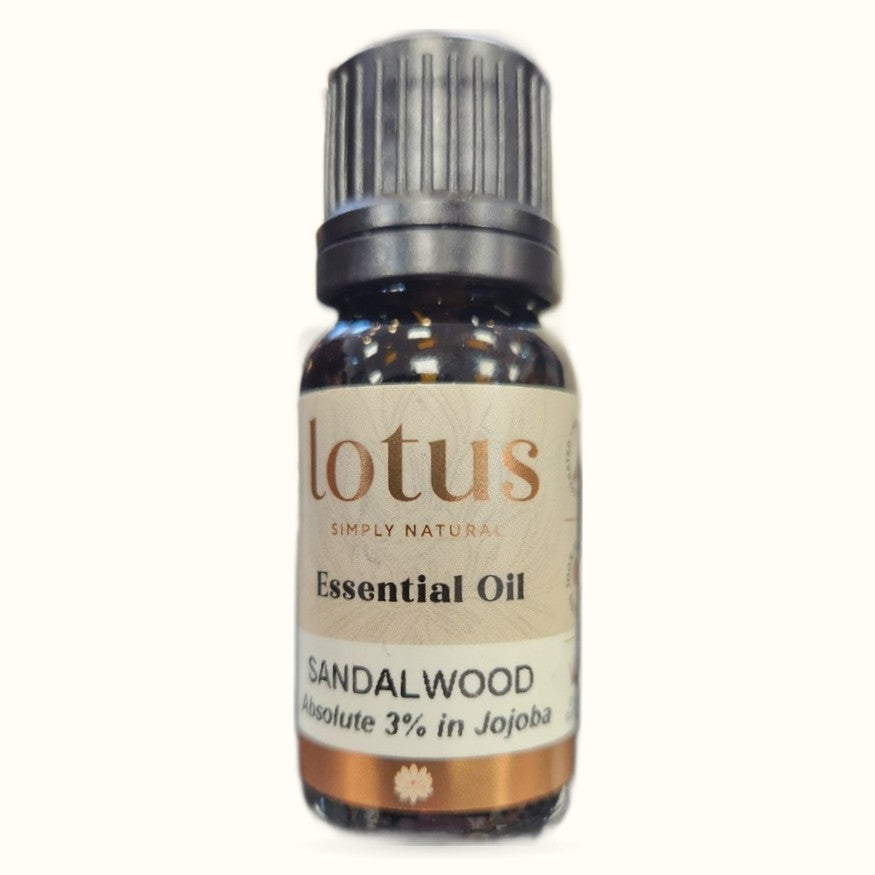 Lotus Sandalwood Essential Oil 10ml bottle with dark glass and metal cap on white background