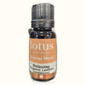 Lotus Synergy Blend Relaxing essential oil bottle with grooved cap and tan label