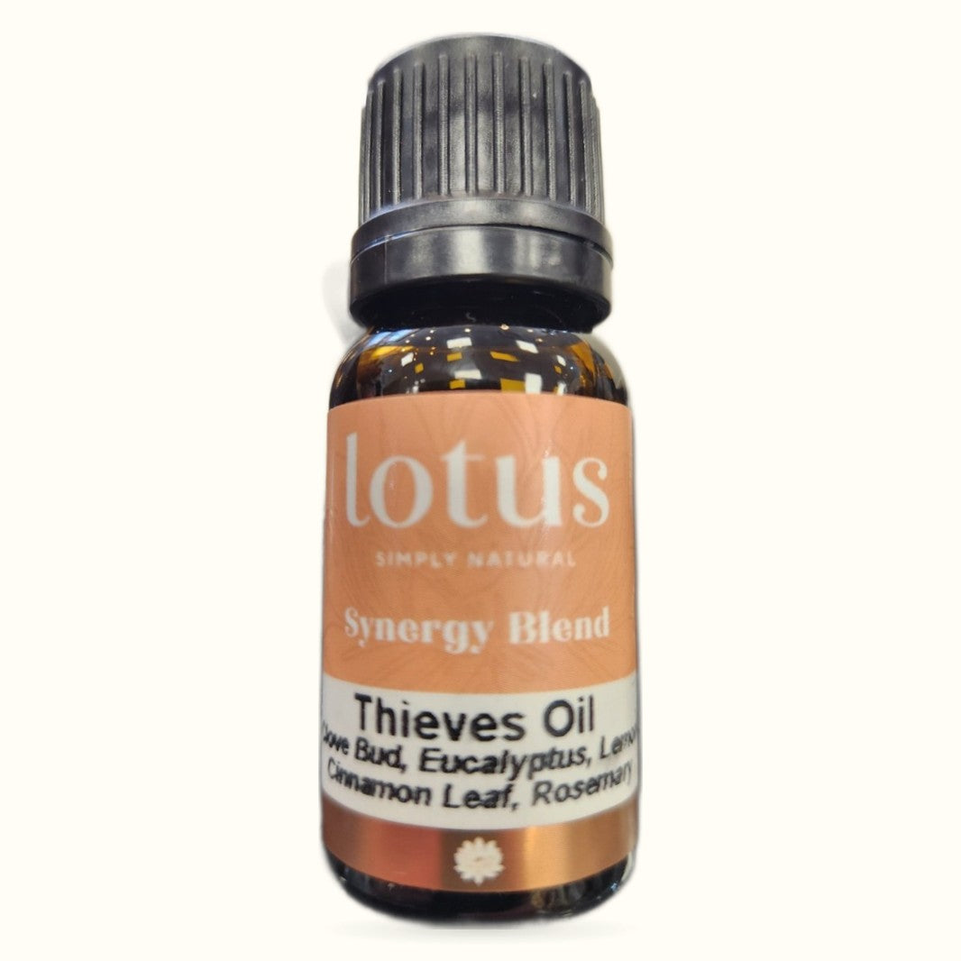 Lotus Synergy Blend Thieves Oil 10ml bottle with black cap and peach-colored label