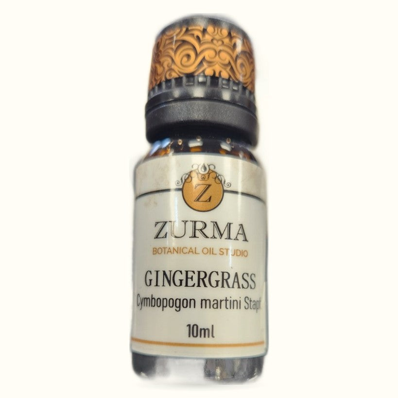 Zurma Gingergrass botanical oil 10ml bottle with ornate gold cap and white label