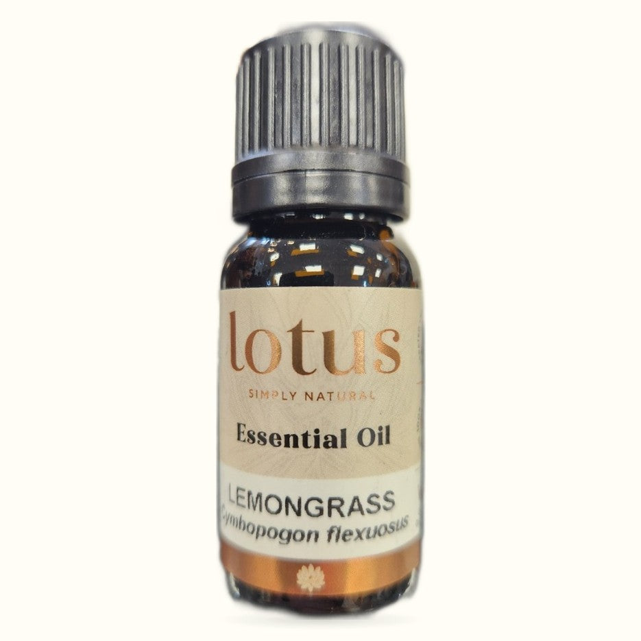 Lotus Lemongrass Essential Oil 10ml bottle with dark amber glass and metal cap on white background