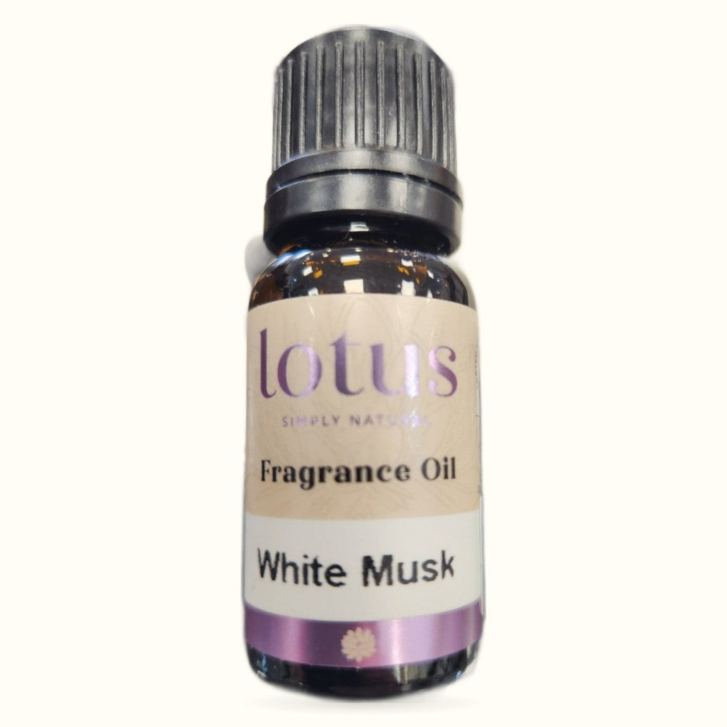 Lotus White Musk Fragrance Oil 10ml bottle with dark glass and black cap