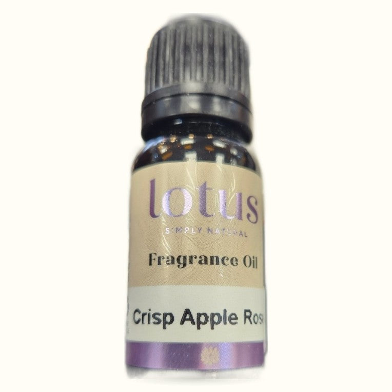 Lotus Fragrance Oil Crisp Apple Rose 10ml bottle with purple label and black cap