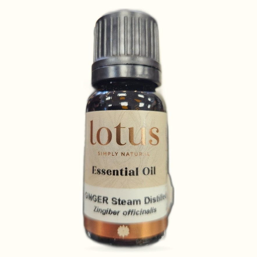 Lotus Essential Oil Ginger Steam Distilled 10ml bottle with dark glass and silver cap