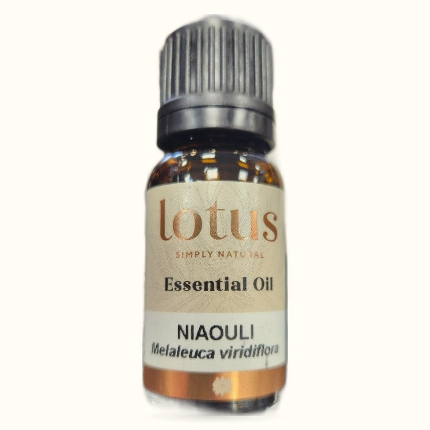 Lotus Niaouli Essential Oil 10ml bottle with dark glass and grey cap on white background