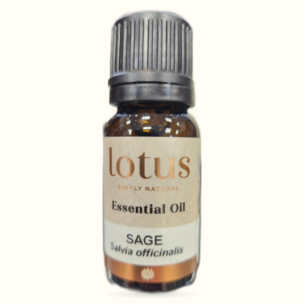 Lotus Essential Oil Sage 10ml bottle with dark glass and grey ridged cap on white background