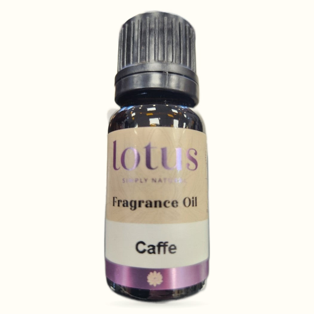 Lotus Fragrance Oil Caffe 10ml bottle with dark glass, cream label, and grey cap