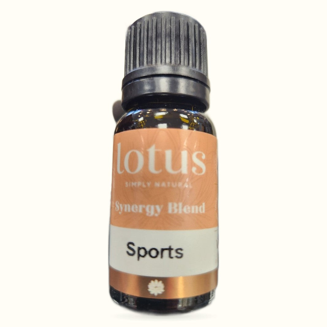 Lotus Synergy Blend Sports 10ml essential oil bottle with black cap and tan/copper label