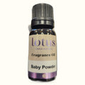 Lotus Fragrance Oil Baby Powder 10ml bottle with black cap and cream label with purple accents