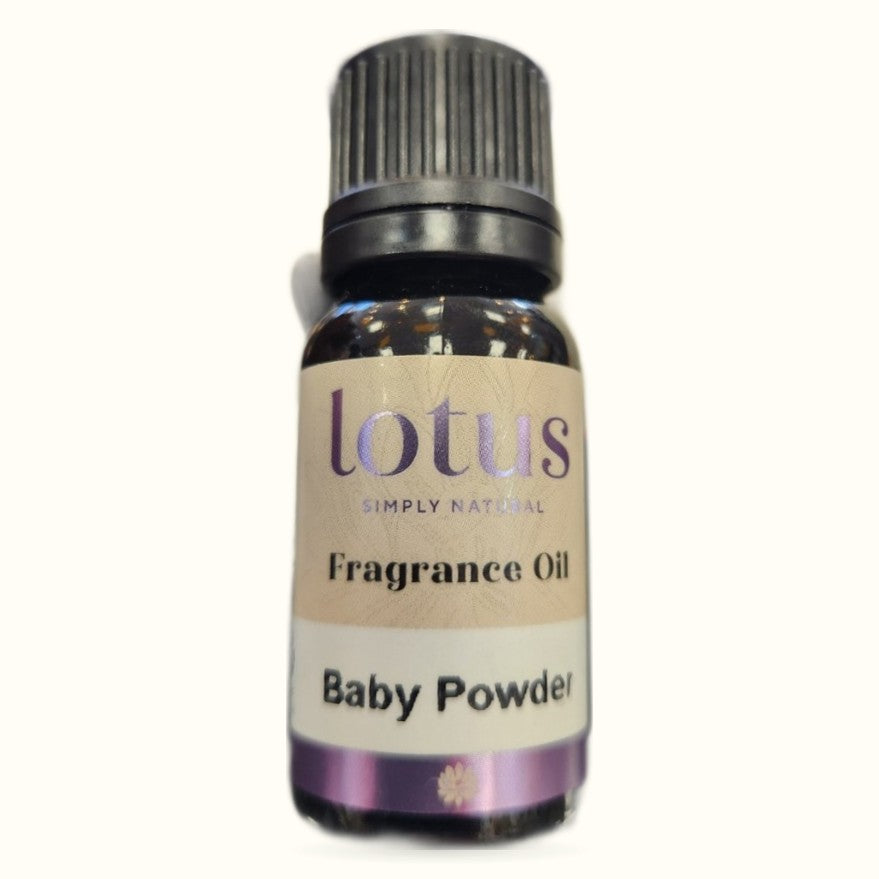Lotus Fragrance Oil Baby Powder 10ml bottle with black cap and cream label with purple accents