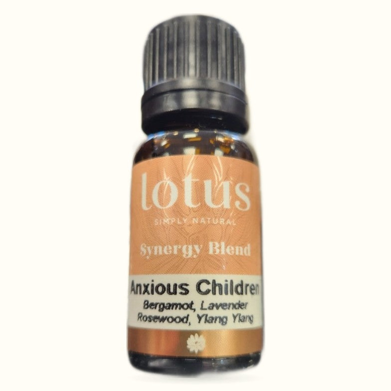 Lotus Synergy Blend Anxious Children 10ml essential oil bottle with grey cap and peach-colored label