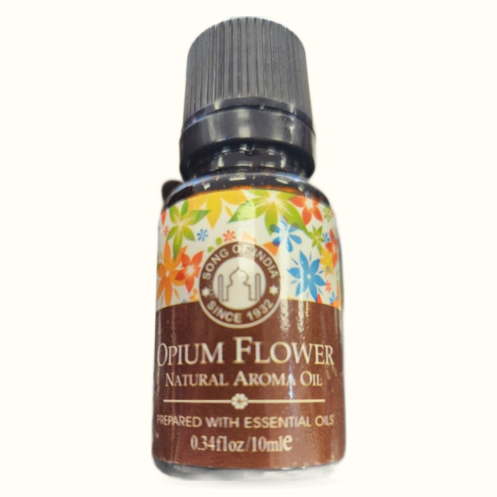 Song of India Opium Flower 10ml natural aroma oil bottle with colorful floral label and black cap