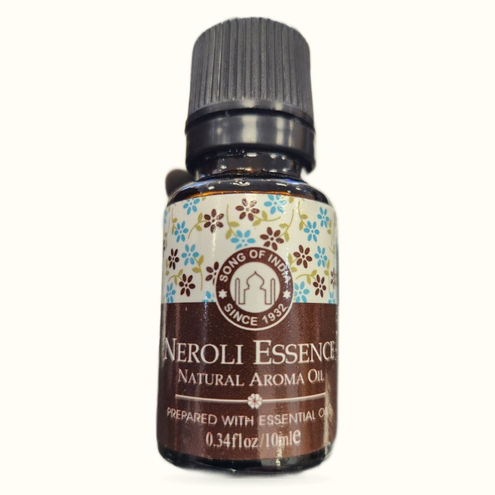 Song of India Neroli Essence 10ml amber glass bottle with decorative floral label and black cap