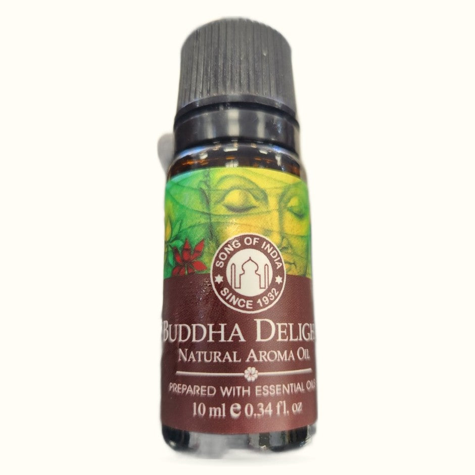 Song of India Buddha Delight 10ml natural aroma oil bottle with green and yellow label design
