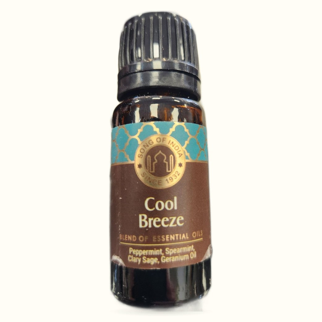 Song of India Cool Breeze essential oil blend in amber glass bottle with black cap and turquoise and gold label