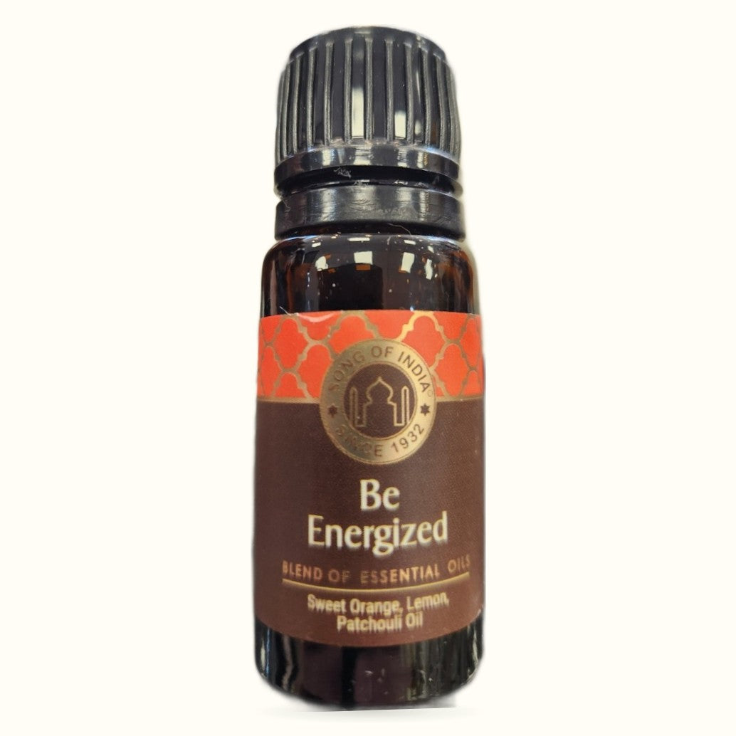 Song of India Be Energized essential oil blend in dark amber glass bottle with black cap