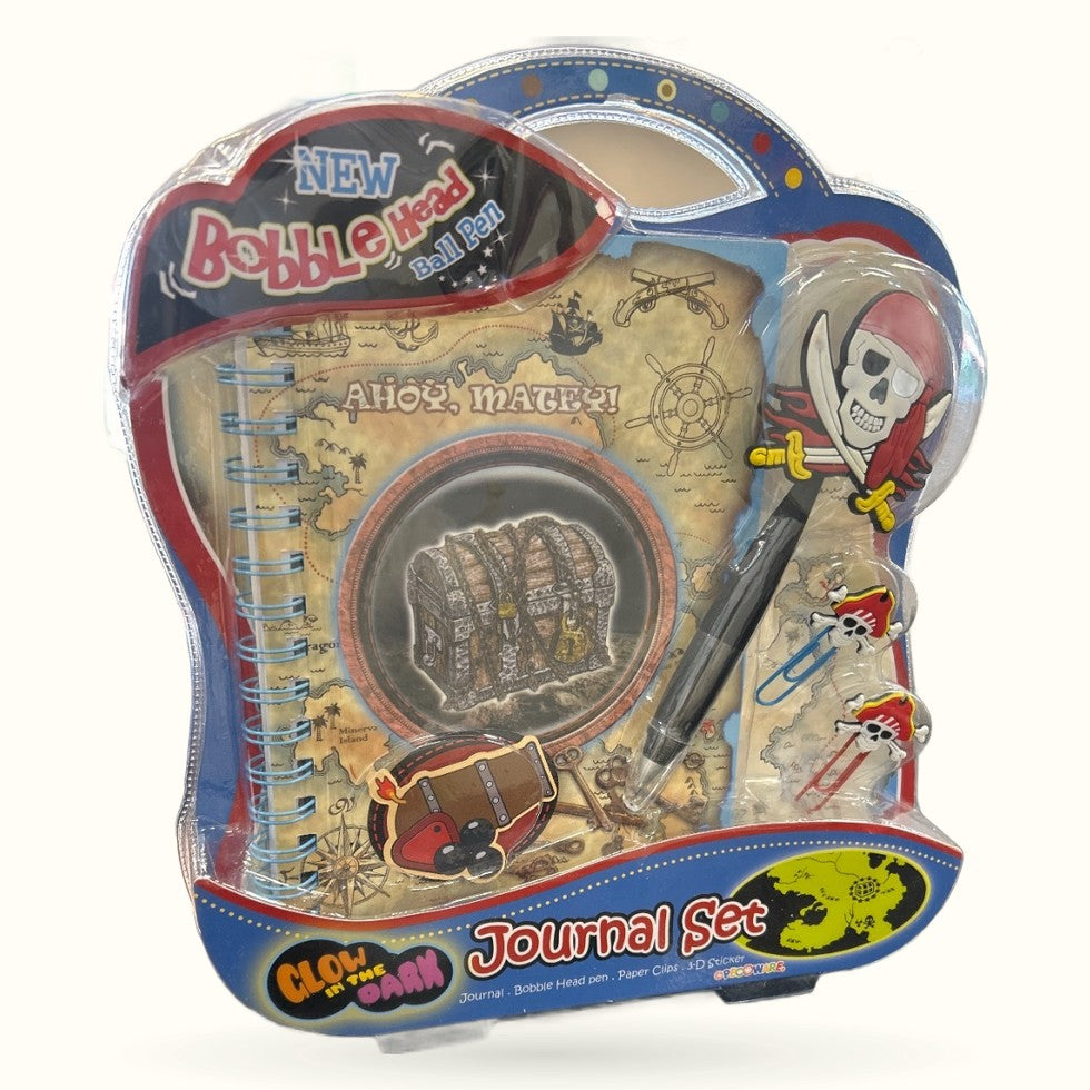 Glow In The Dark Pirate Journal Set with bobble head pen, pirate map design, and accessories