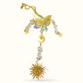 Gold butterfly charm hanger with clear quartz crystals, stars, moon and sun pendant on chain
