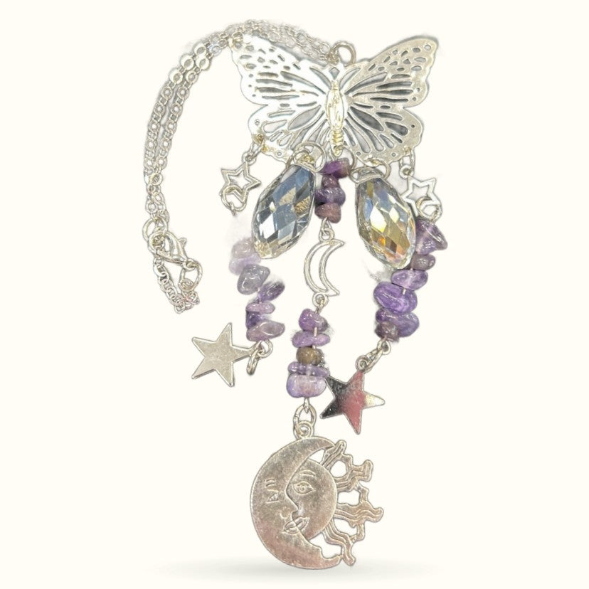 Silver butterfly hanger pendant with purple amethyst beads, crystals, and moon charm