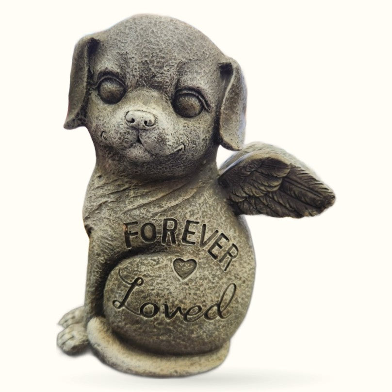Stone angel dog memorial figurine with wings and 'Forever Loved' text engraved on body