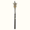 Ornate crystal wand with black shaft, brass crescent moon and flower finial, and metallic studs