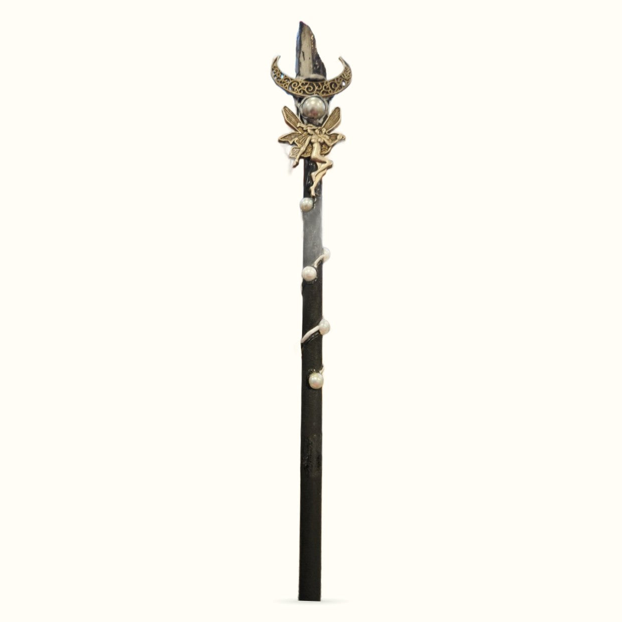 Ornate crystal wand with black shaft, brass crescent moon and flower finial, and metallic studs