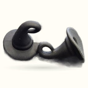 Black curved miniature witch hat with textured finish and loop details on white background