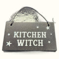 Grey wooden Kitchen Witch sign with white text and stars, displayed with rope handle against white background